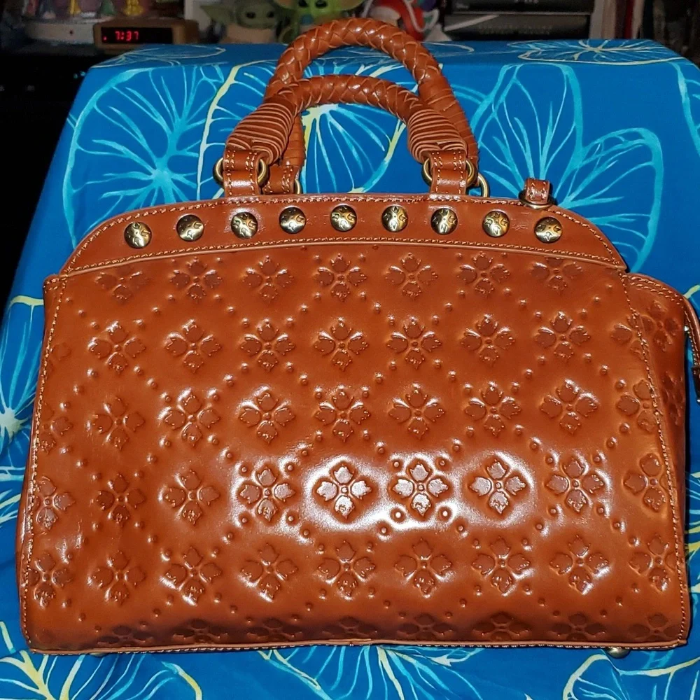 Patricia Nash Discovery Embossed Floral Leather Satchel in Cognac Brown